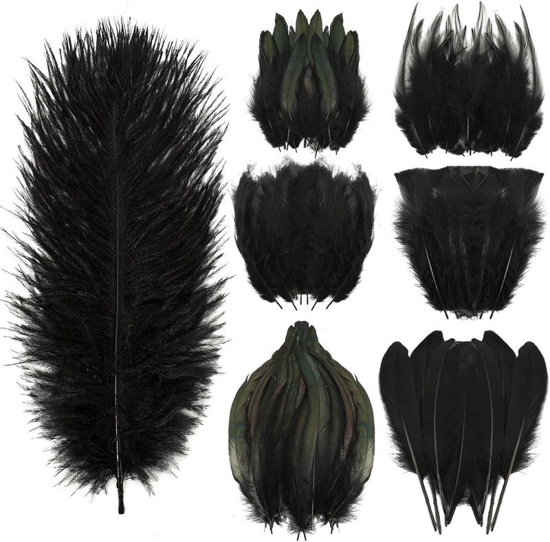 MARFOREVER 100 PCS Halloween Black Craft Feathers, 8 Styles Assorted Mixed Natural Feathers Black Goose Feathers Bulk for DIY Crafts Costume Dream Catcher Wedding Home Halloween Party Decorations - Image 1